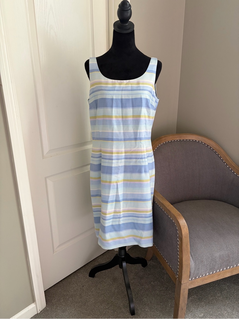 Ann Taylor Pastel Blue, White & Yellow Striped Midi Dress